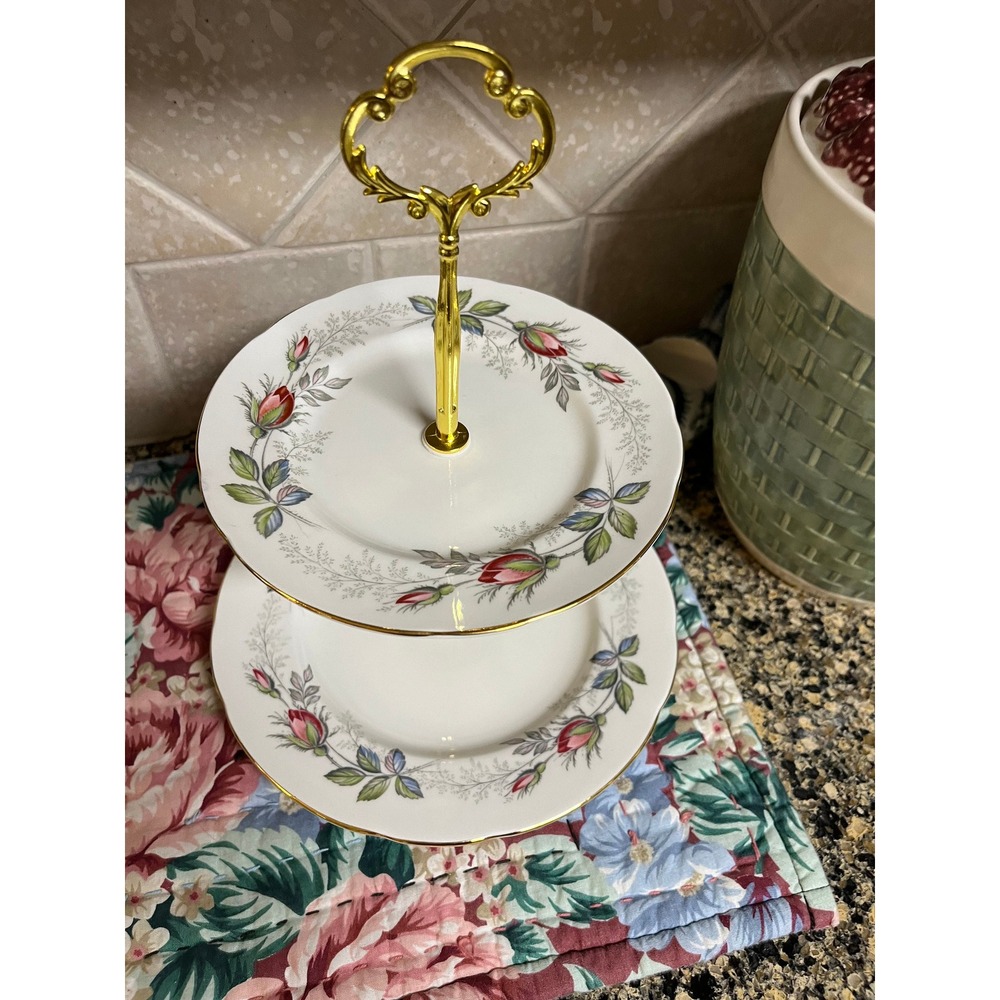 Vintage Paragon‎ Bridal Rose 2-Tier Tidbit Tray: Gold Trimmed Party Dish - Picture 3 of 10